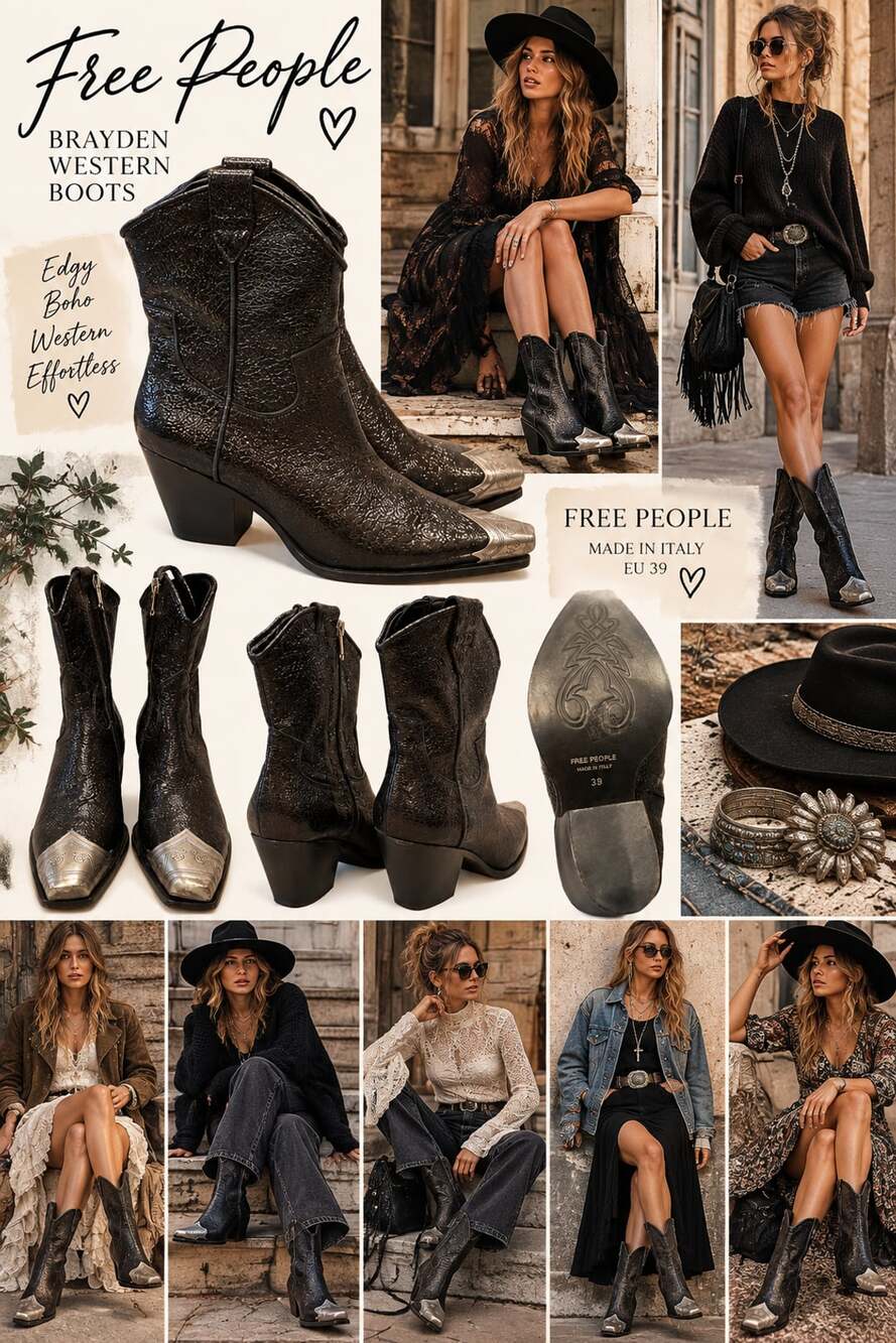 Free People Brayden Western Boots Size 39 Black Leather Ankle Booties